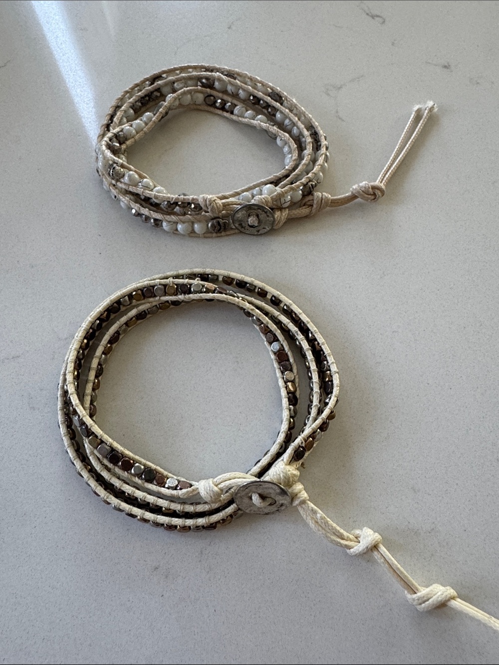 Handmade Beaded Wrap Bracelet in Cream and Brown Set of 2.  New